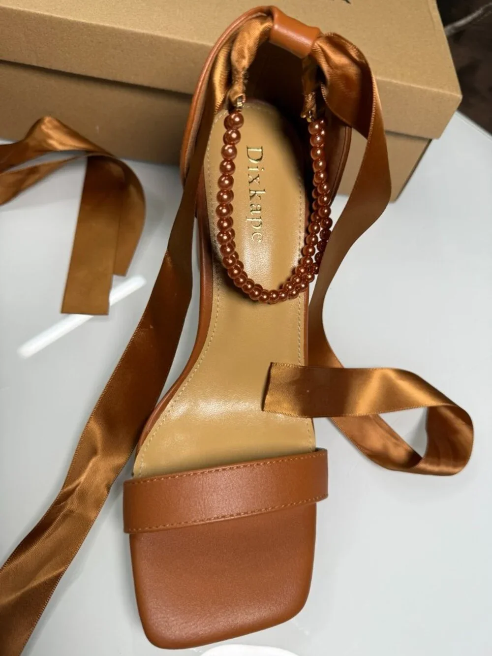Dixkape Brown Pearl Embellished Satin Tie Block Heel Sandals Size 8